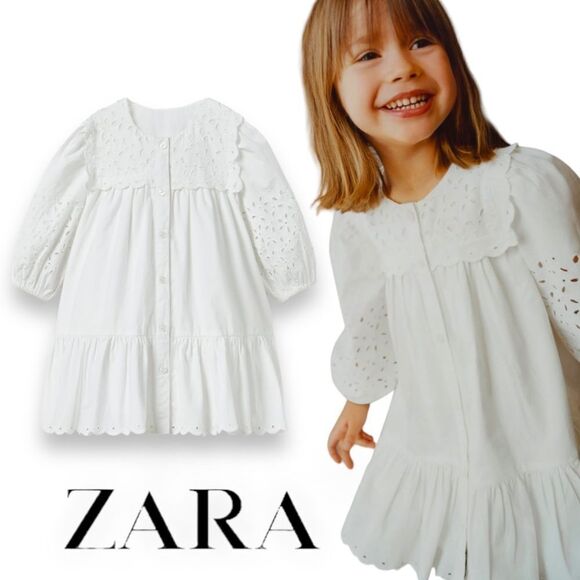 ZARA Kids | White | SCHIFFLI POPLIN DRESS - Picture 1 of 10